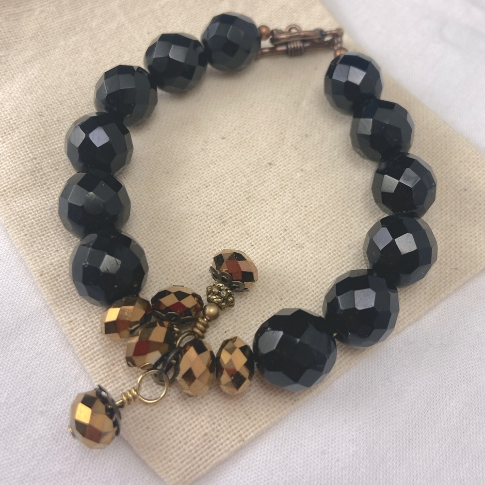Handmade Beaded unique bracelet, black faceted beads with copper hardware